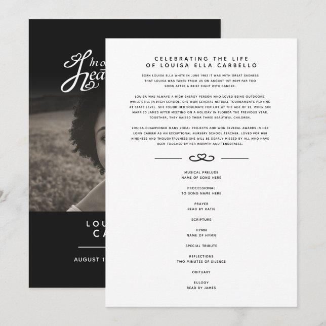 Memorial service photo hearts black white program (Front/Back)