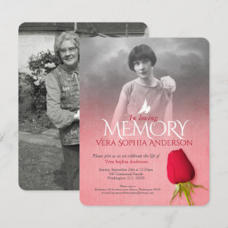 Memorial service photo single red rose funeral invitation