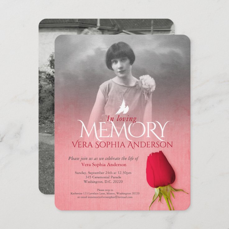 Memorial service photo single red rose funeral invitation | Zazzle