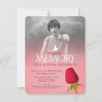 Memorial service photo single red rose funeral invitation | Zazzle