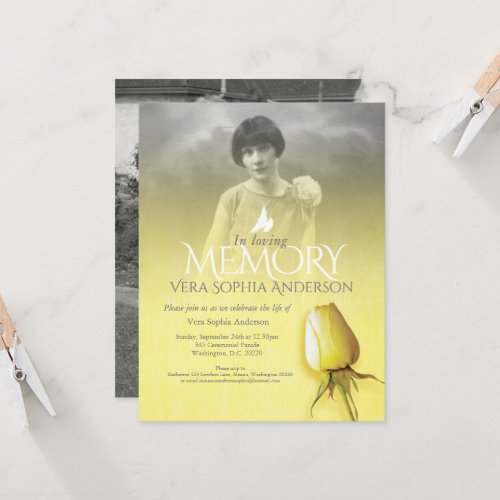 Memorial service photo yellow rose funeral invitation