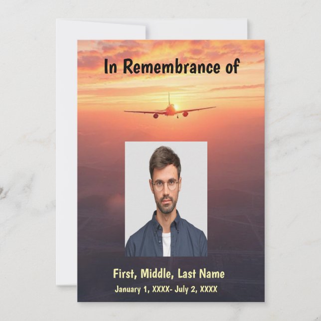 Memorial Service Pilot Airplane Flying Sunset Invitation (Front)