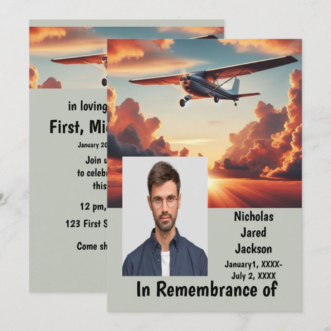 Memorial Service Pilot Airplane Flying Sunset Invitation (Front/Back)
