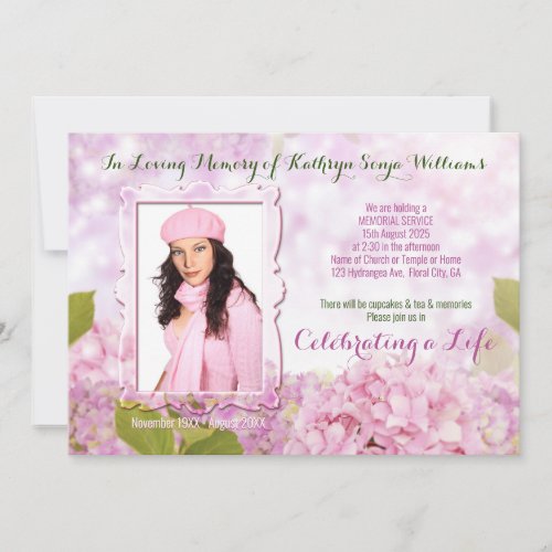 Memorial Service Pink Hydrangea Add Your Photo Invitation