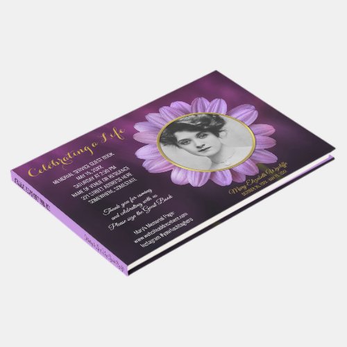 Memorial Service Purple Daisy Gold Photo Frame Guest Book