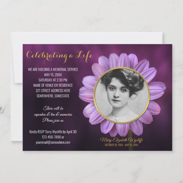 Memorial Service Purple Daisy Gold Photo Frame Invitation (Front)