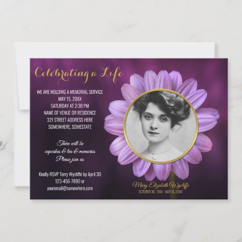 Memorial Service Purple Daisy Gold Photo Frame Invitation