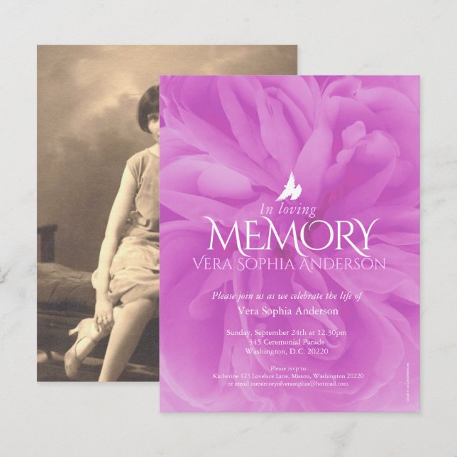 Memorial service purple rose funeral invitations (Front/Back)
