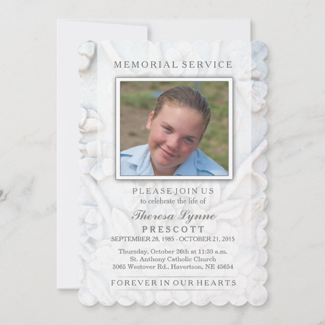 Memorial Service Soft White Floral Photo Card (Front)