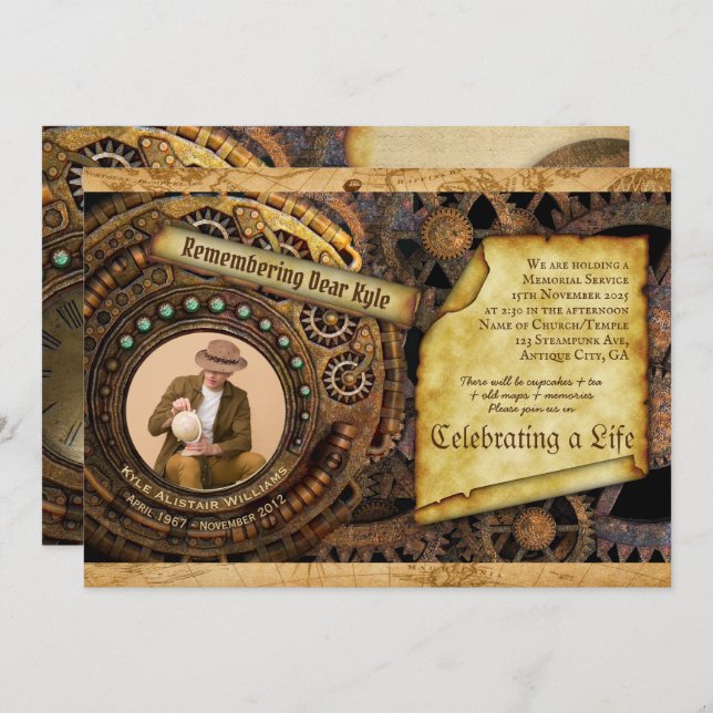 Memorial Service Steampunk Gear Time Machine Photo Invitation (Front/Back)