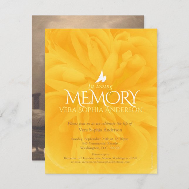 Memorial service yellow rose funeral invitations (Front/Back)