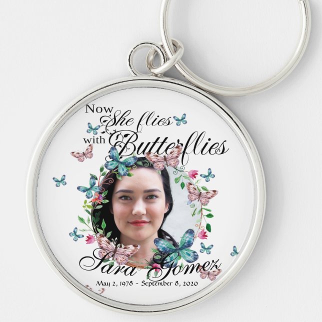 Memorial She Now Flies with Butterflies Keychain (Front)