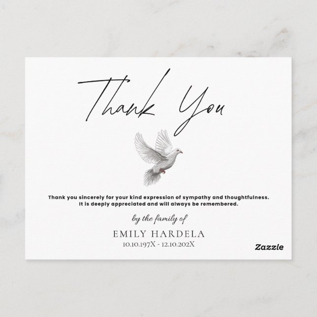 Memorial Simple Minimalist Thank You Card - Dove (Back)
