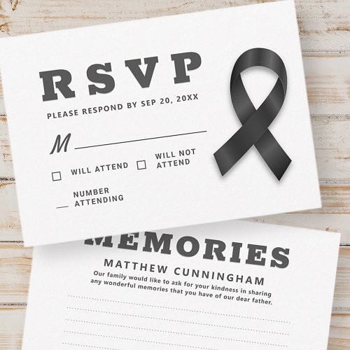 Memorial Simple Modern Memories Black Ribbon RSVP Card