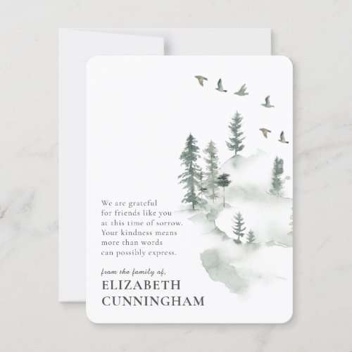 Memorial Simple Watercolor Greenery Pine Forest Thank You Card