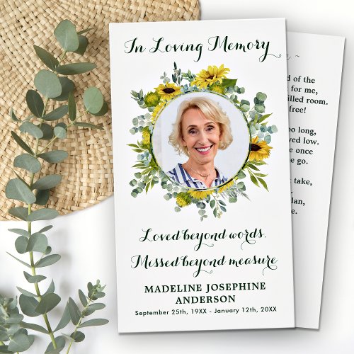 Memorial Sunflower Eucalyptus Funeral Prayer Card
