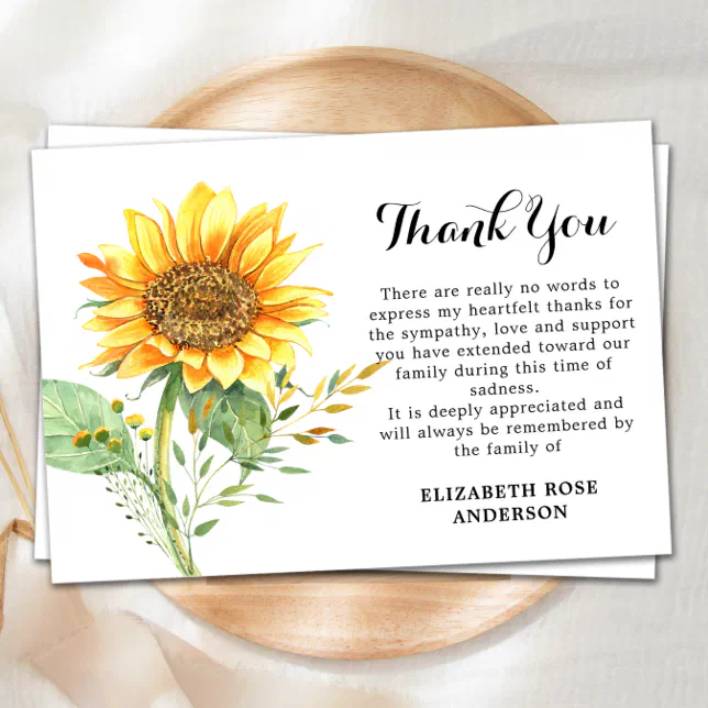 Memorial Sunflower Floral Sympathy Funeral Thank You Card | Zazzle