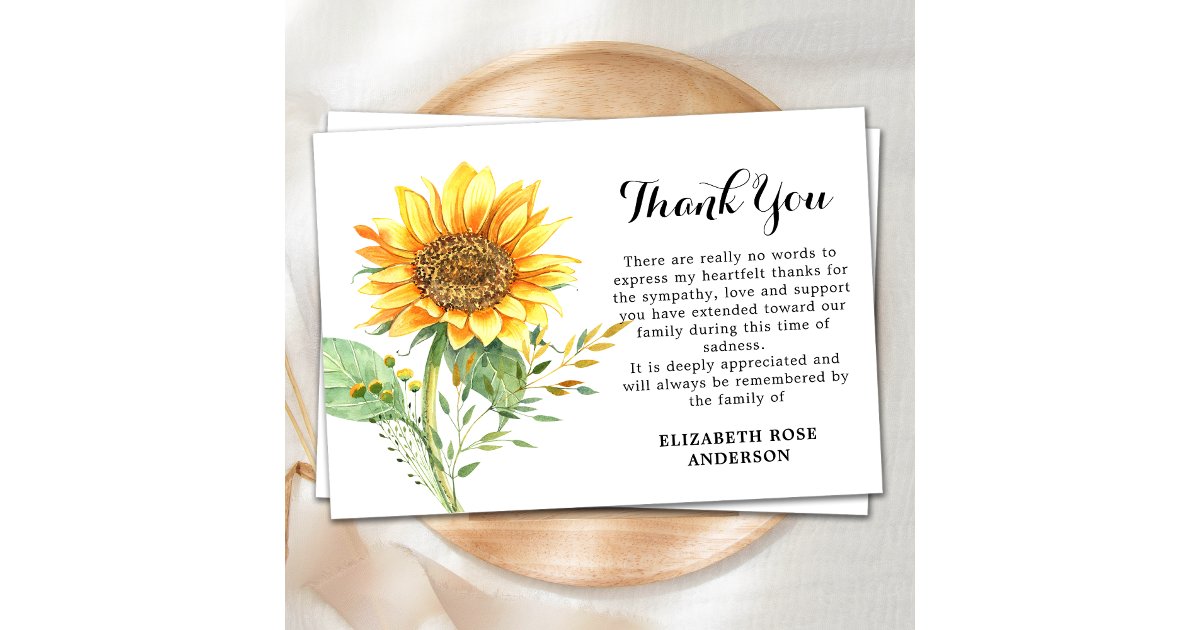 Memorial Sunflower Floral Sympathy Funeral Thank You Card | Zazzle
