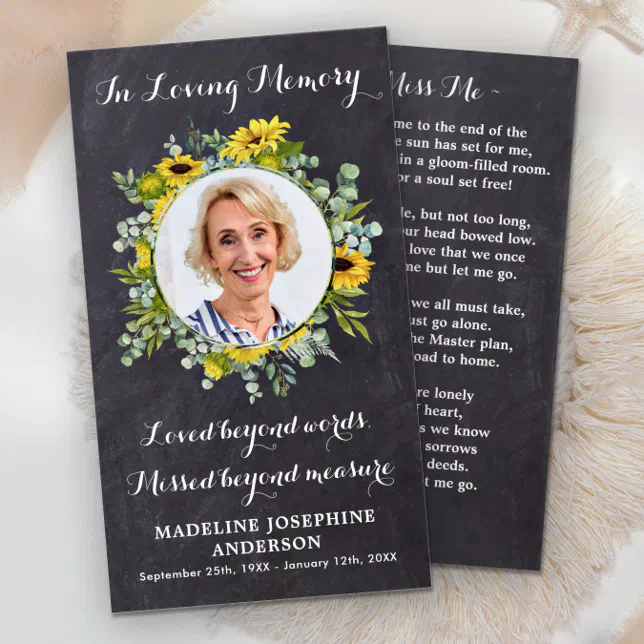 Memorial Sunflower Funeral Prayer Card Chalkboard | Zazzle