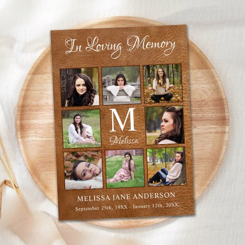 Memorial Sympathy 8 Photo Collage Leather Funeral Thank You Card