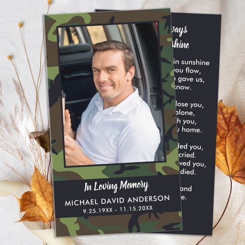 Memorial Sympathy Camo Funeral Prayer Card Rustic