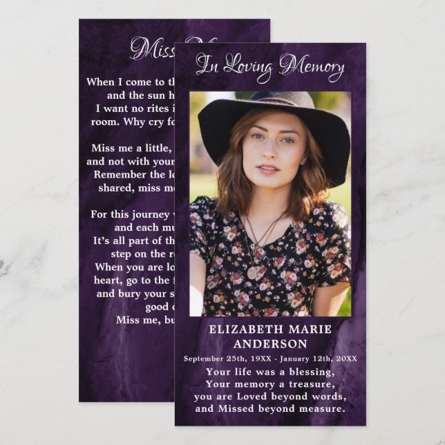 Memorial Sympathy Photo Funeral Prayer Card Purple (Front/Back)
