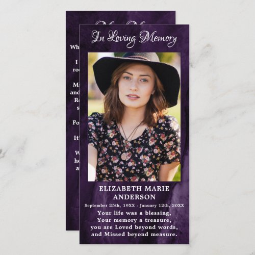 Memorial Sympathy Photo Funeral Prayer Card Purple