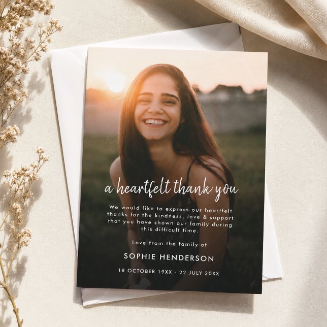 Memorial Thank You Card | Photo Appreciation Notes (Personalized memorial thank you card with photo for funeral sympathy and support notes.)