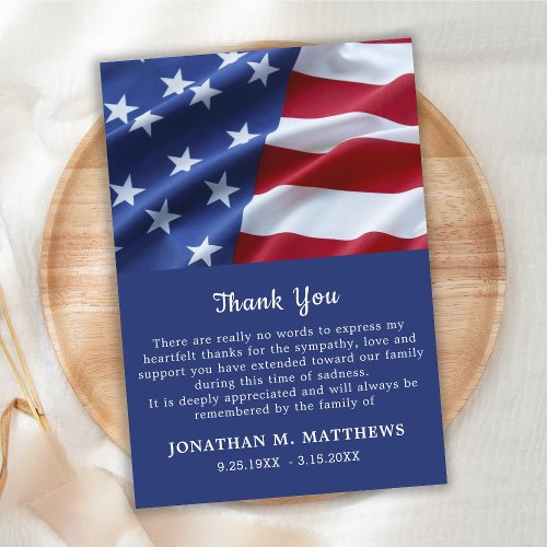 Memorial Veteran Patriotic American Flag Funeral Thank You Card