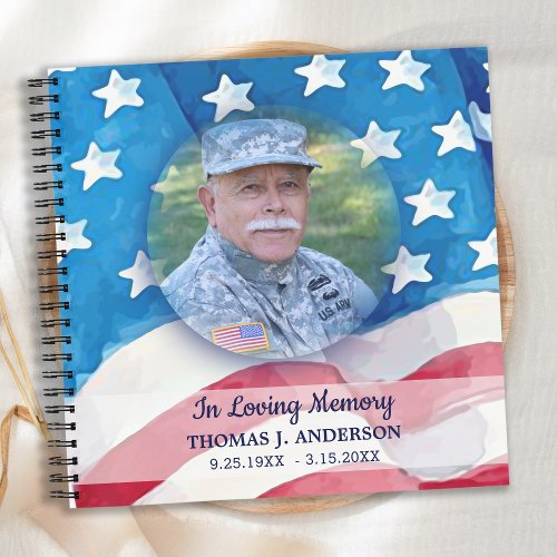 Memorial Veteran Photo USA Flag Funeral Guestbook Notebook