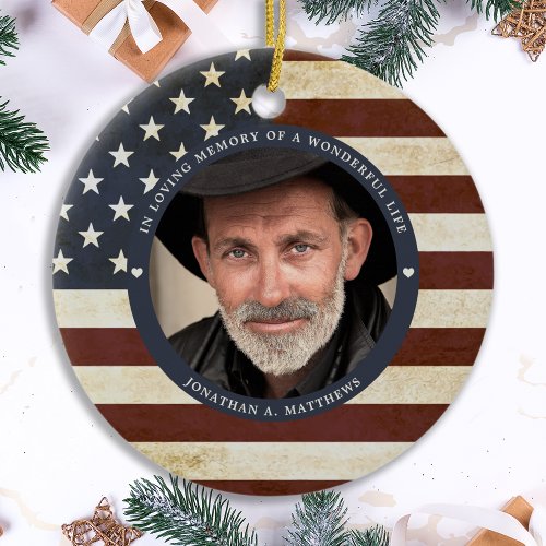 Memorial Vintage American Flag Personalized Photo  Ceramic Ornament