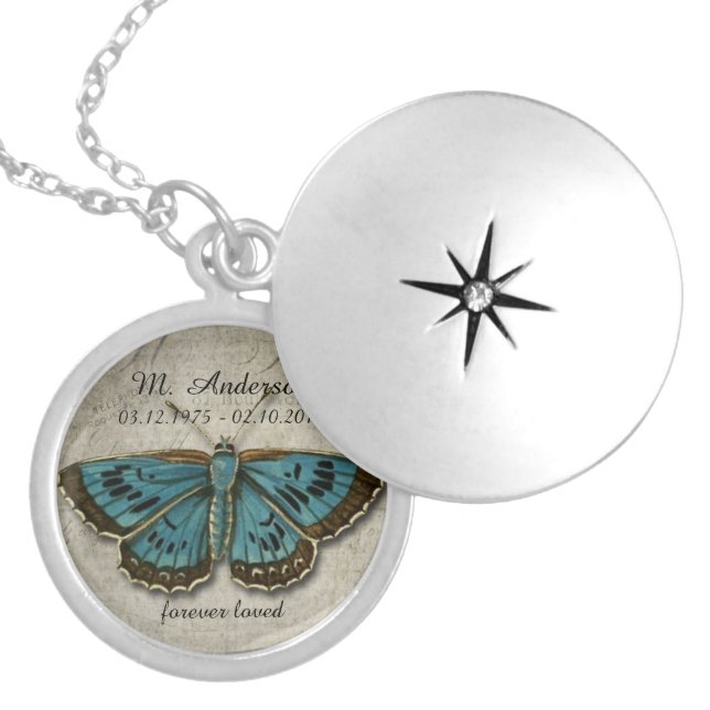 Memorial Vintage Blue Butterfly Pendant Jewelry (Front)