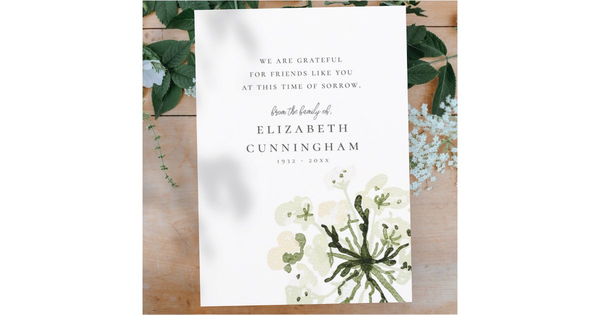 Memorial Watercolor Botanicals Floral Elegant Chic Thank You Card | Zazzle