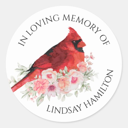 Memorial Watercolor Cardinal Floral Favor Classic Round Sticker