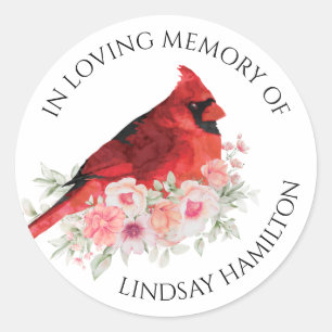 Memorial Watercolor Cardinal Floral Favor Classic Round Sticker