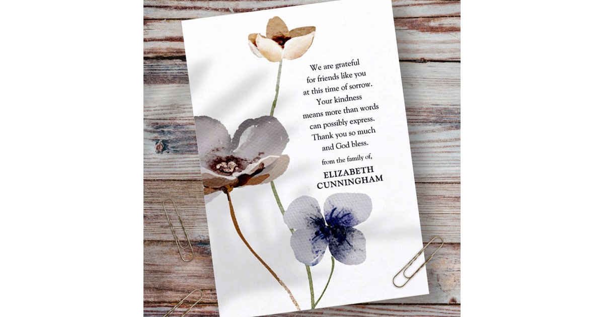 Memorial Watercolor Floral Botanicals Elegant Chic Thank You Card | Zazzle