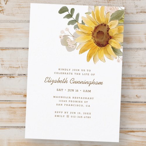 Memorial Watercolor Sunflowers Foliage Botanicals Invitation