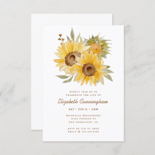 Memorial Watercolor Sunflowers Foliage Botanicals Invitation