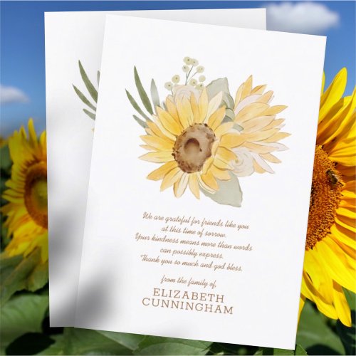Memorial Watercolor Sunflowers Foliage Botanicals Thank You Card