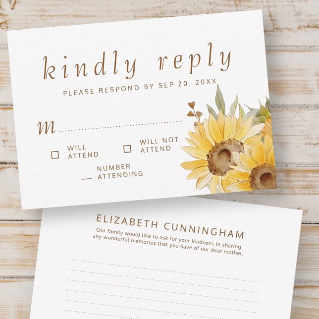 Memorial Watercolor Sunflowers Kindly Reply RSVP Card (Creator Uploaded)