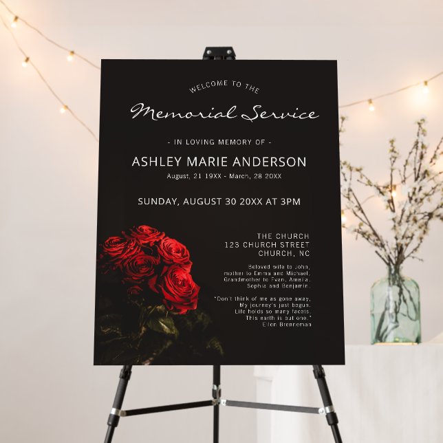 Memorial Welcome Sign Elegant Red Roses Funeral (In Situ (Stand))