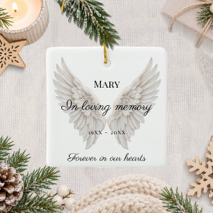 Memorial white angel wings loving memory ceramic ornament