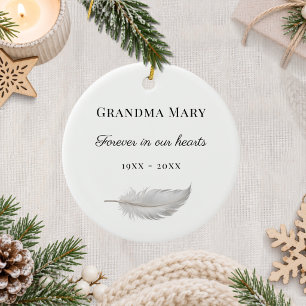 Memorial white feather hearts memory  ceramic ornament