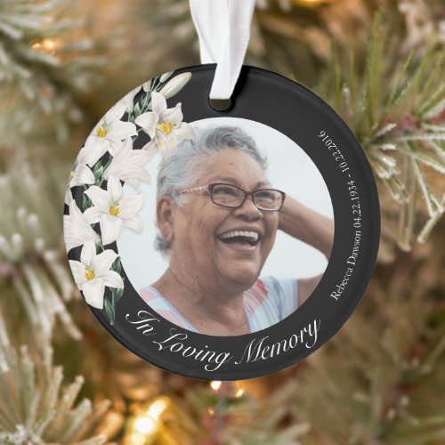 Memorial White Flowers Black Photo Christmas Ornament