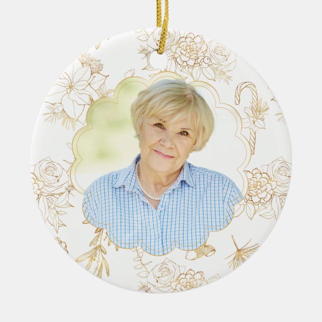 Memorial White Gold Photo Christmas Ceramic Ornament (Front)