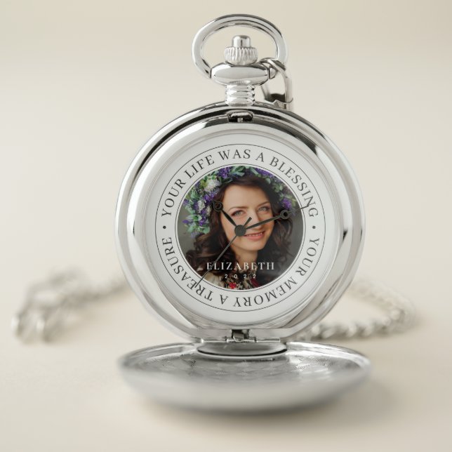 Memorial Your Life a Blessing Modern Photo Pocket Watch (Inside)