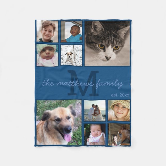 Memories Classic Blue Monogram 10 Photo Collage Fleece Blanket (Front)