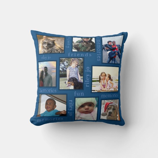 Memories Classic Blue Monogram Photo Collage Throw Pillow (Front)