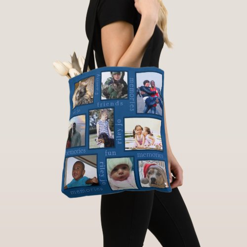 Memories Classic Blue Trendy 18 Photo Collage Tote Bag