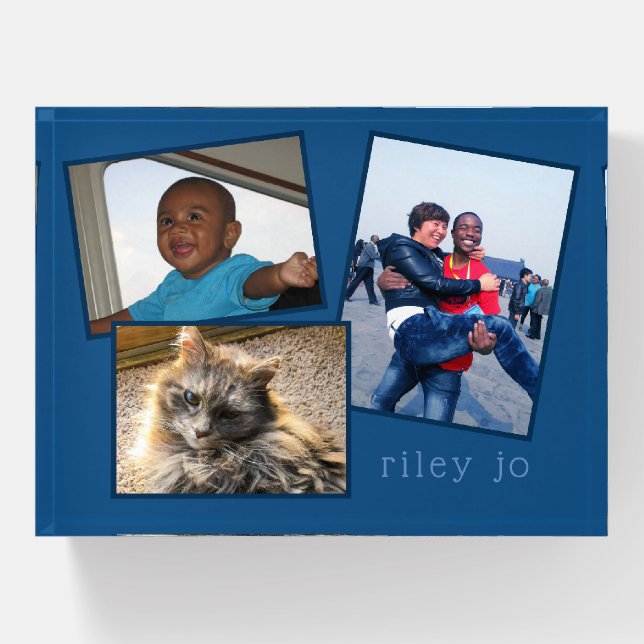 Memories Classic Blue Your Own 3 Photo Collage Paperweight (Front)
